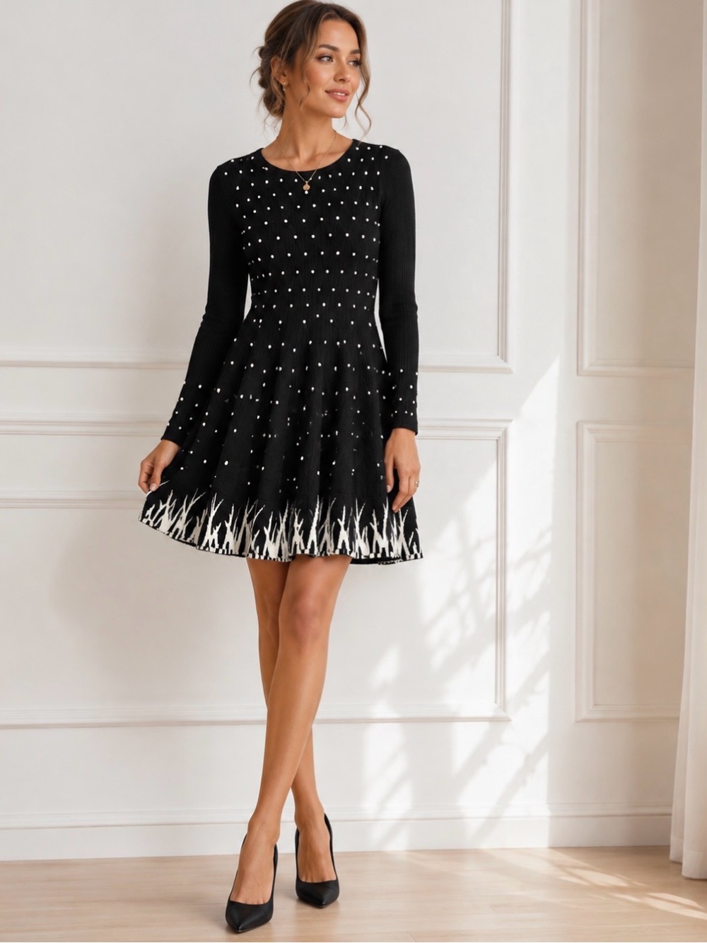 Papillon Blanc Black Pearl Embellished Knit Fit & Flare Dress XS